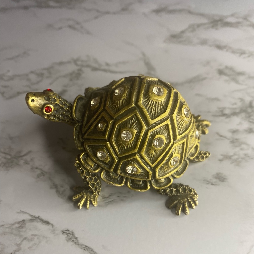 Turtle Jewelry Trinket Box With Crystals Enameled Hinged Gem
